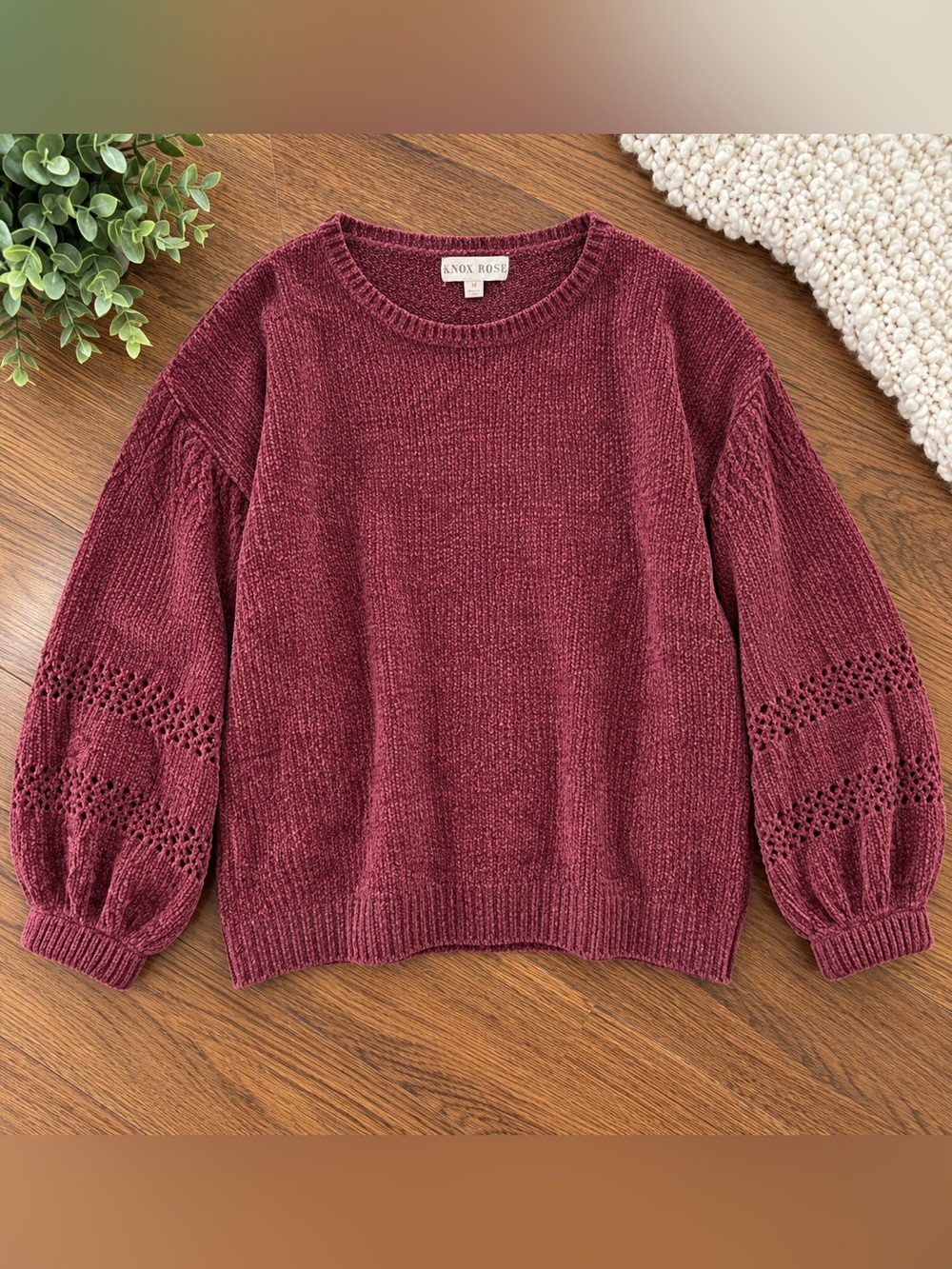 Knox Rose Maroon Open-Stitch Sleeve Crewneck Sweater, size medium